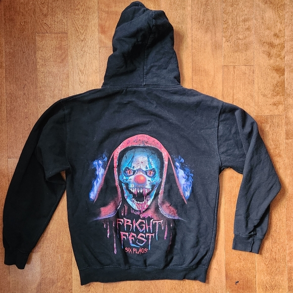Fright Fest Six Flags Men's Sz M Black Draw String Clown Hoodie Sweatshirt - Picture 4 of 4